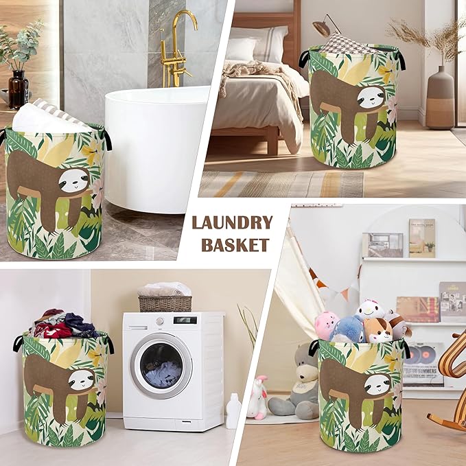 Laundry Hamper,Cute Funny Sloth Laundry Basket,Palm Leaf Waterproof Oxford Cloth Storage Basket with Handle for Clothes Books Nursery Home Storage Sundries 16"x20"
