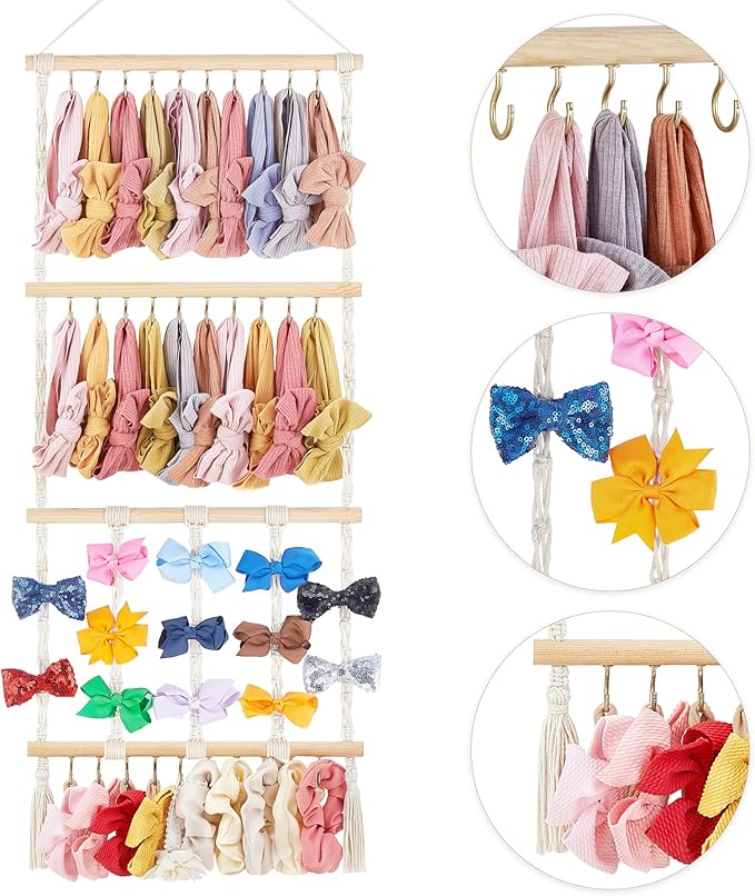Dahey Headband Holder Bow Organizer for Girls Hair Bows Macrame Bow Holder Hair Accessories Hanger Necklace Display with 30 Hooks Wall Hanging Over Door Organizer Boho Nursery Decor for Baby's Room