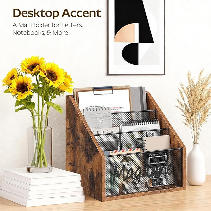 Magazine Holder, Wood Magazine Rack Floor, Mail Organizer Countertop, Magazine Mail Holder Sorter, Record Holder for Magazines, Books, Newspapers, Tablets, Rustic Brown and Black MR02BR