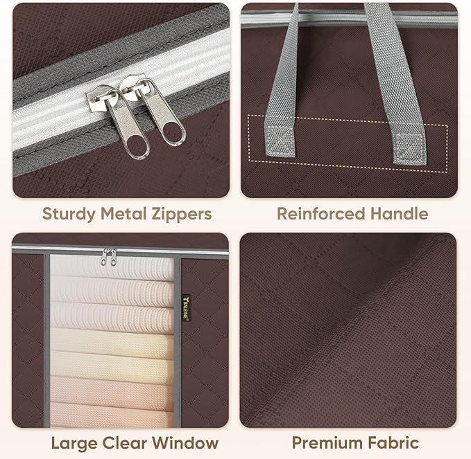 BALEINE 3 Pack Clothes Storage Bags, 24 Gallon Storage Containers with Reinforced Handle, Sturdy Zipper, Closet Organizer for Blanket, Comforter, Pillow, Bedding (Brown, 3 Pack)