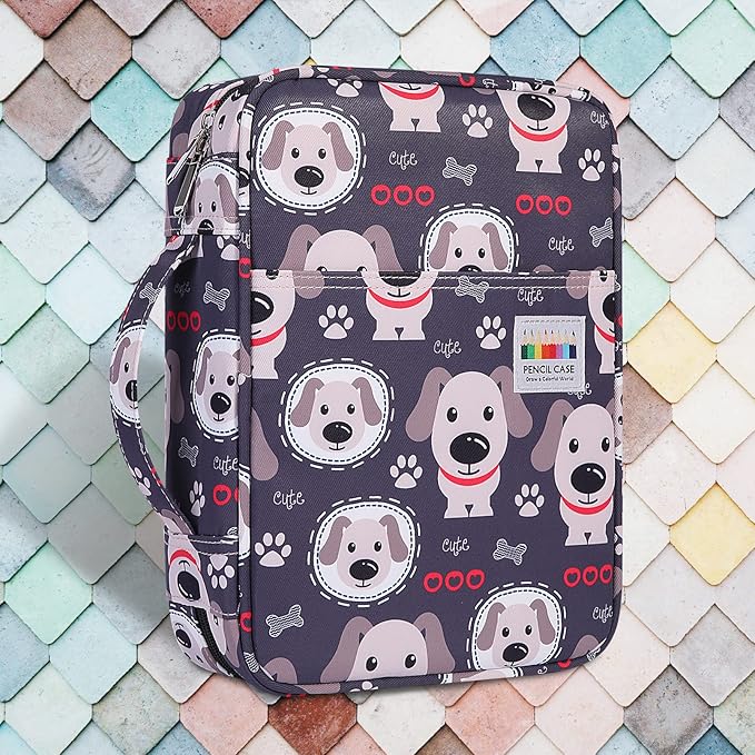 JAKAGO 220 Slots Colored Pencil Case Large Capacity Pen Holder for Artist Painter Zipper Organizer Bag for Marker Highlighter Storage Case for Office Sketch Travel Supplies (Dog)
