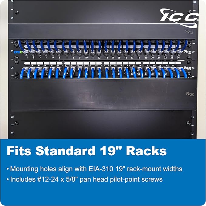 ICC 1U Finger Duct Cable Manager Panel with Cover, Plastic with Metal Back Frame, 3" Depth, Horizontal Cable Management, Rackmount for 19” Network Racks, Black, Single Pack