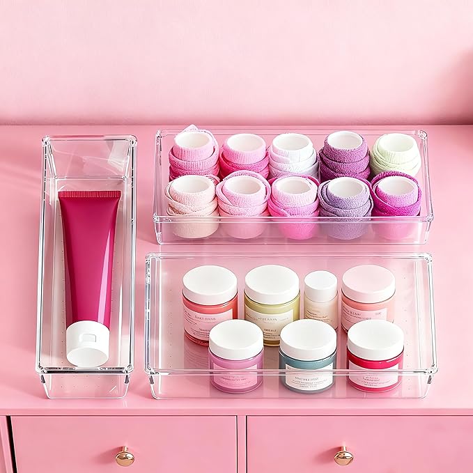 Criusia 26 Pack Large Clear Plastic Drawer Organizer Bins -5 Size Heavy Duty Acrylic Kitchen Drawer Organizers and Storage for Utensils -Bathroom Drawer Organizer Trays for Makeup Office Organization