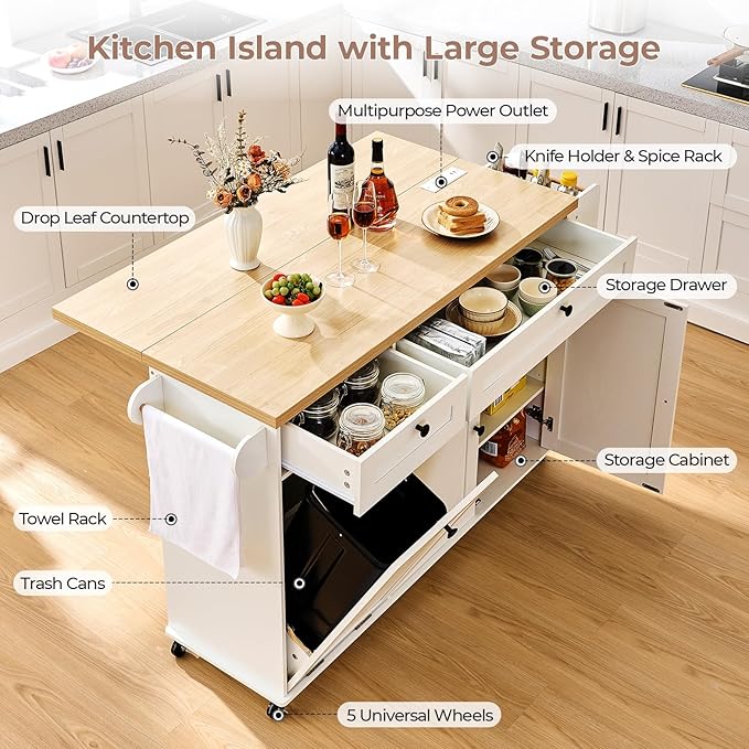 60.2" Kitchen Islands with Storage, Kitchen Island Cart with Trash Can Storage Cabinet, Rolling Kitchen Island Table with Drop Leaf & Power Outlet & Spice Rack & Towel Rack & Knife Holder, White