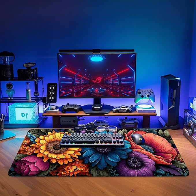Flower Gaming Mouse Pad 35.4"x15.7"Desk Mat Anti-Slip Rubber Base & Durable Stitched Edges for Gamers Smooth Mouse Writing Surface for Desk Office/Home