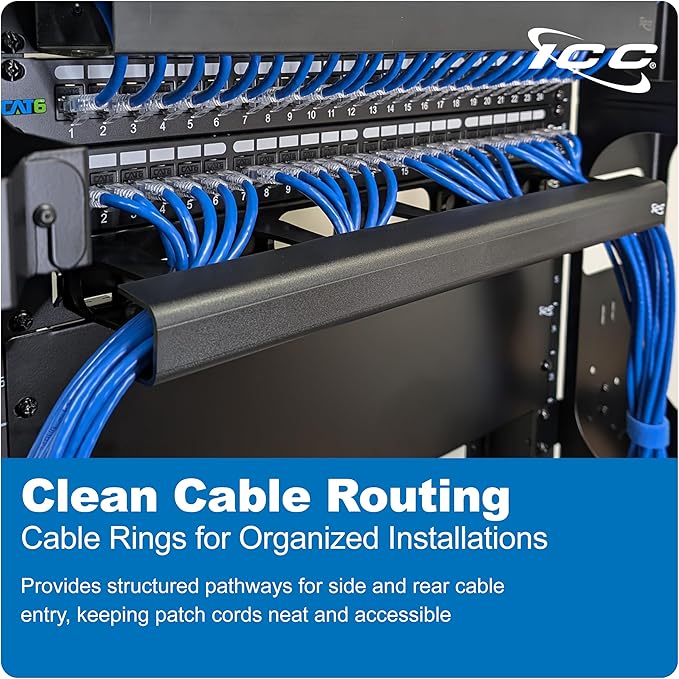 ICC 1U Ring Cable Manager Panel with Cover, Plastic with Metal Back Frame, 4" D-Rings, Horizontal Cable Management, Rackmount for 19” Network Racks, Black, 6-Pack