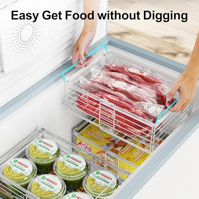 iSPECLE Freezer Organizer Bins - Fit 10 to 20 Cu.FT Deep Freezer, 4 Pack Large Expandable Stackable Chest Freezer Organizer Sort Frozen Food and Easily Get with Handle, Improve Air Circulation, White