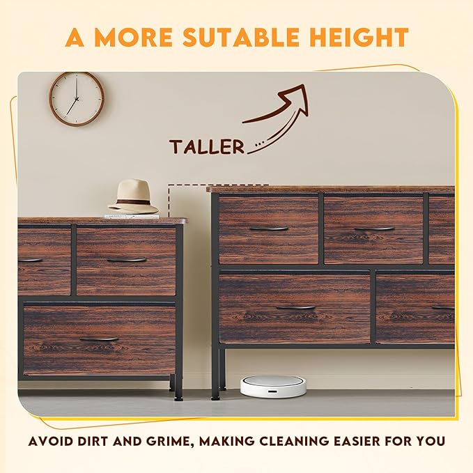 Curved Profile Dresser for Bedroom, Chest of Drawers, 5 Storage Drawers Organizer Unit, Brown Dresser with Fabric Bins for Closet, Living Room, Kid Room (Rustic Brown)