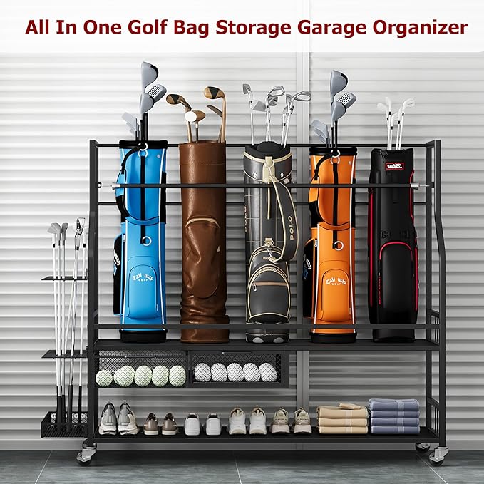 Golf Bag Storage Rack on Wheels, Mobile 5-Bag Organizer with Accessory Drawer for Golf Bag and Equipment Accessories Garage, Home, Basement