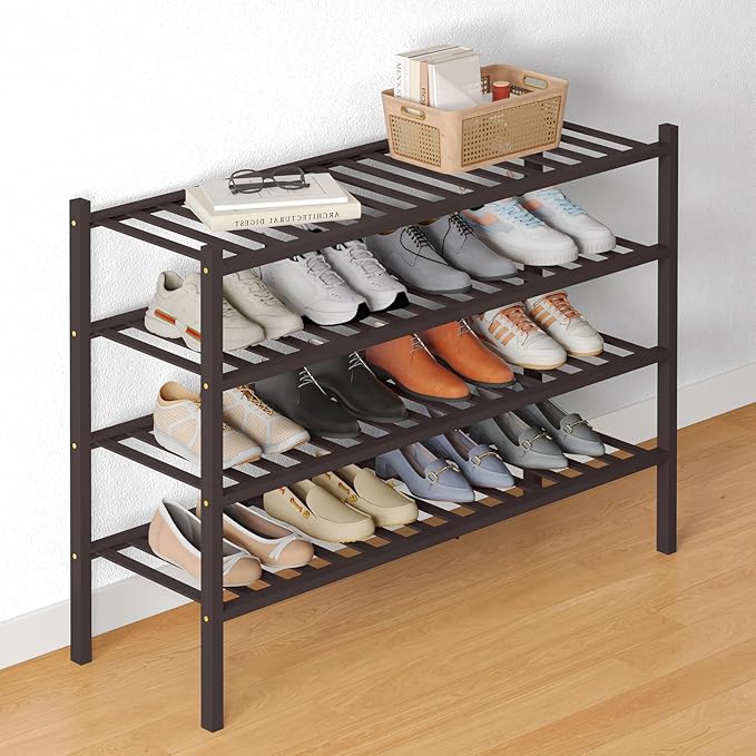 Smiry Bamboo Shoe Rack for Closet, 4 Tier Long Wooden Stackable Shoe Organizer, Free Standing Shoes Storage Shelf for Entryway, Front Door Entrance, Brown