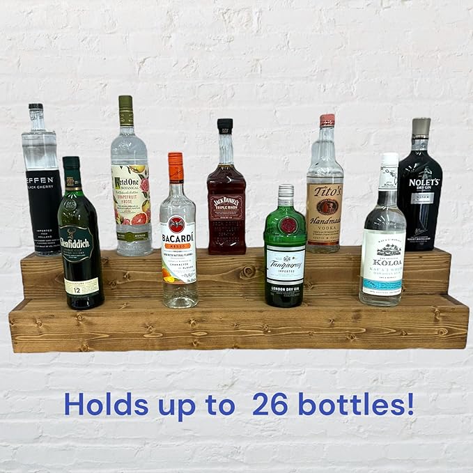 Tiered Bottle Shelf | 2 Tier Liquor Bottle Display | Bar Organization | Display Shelf | Wine Shelf | Bar Display | Kitchen Counter Shelf (36, Early American)