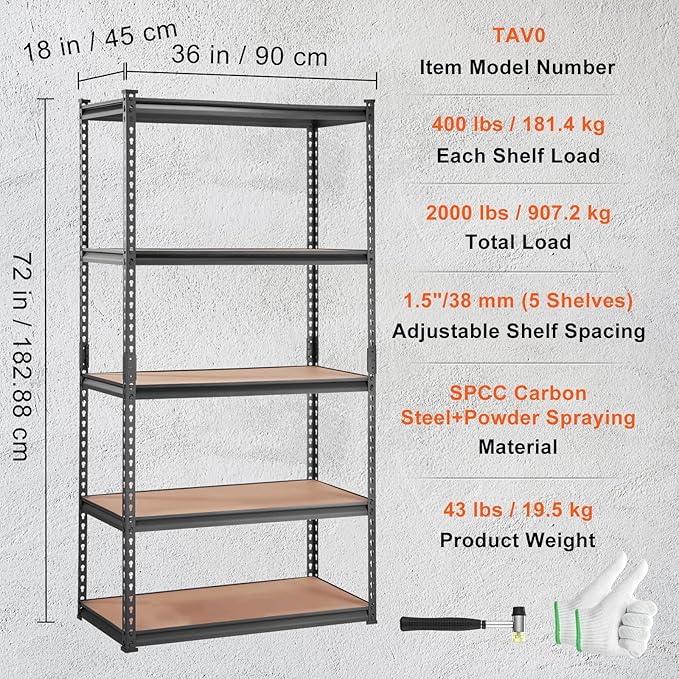 VEVOR Storage Shelving Unit, 5-Tier Adjustable, 2000 lbs Capacity, Heavy Duty Garage Shelves Metal Organizer Utility Rack, 2 Pack, 36" L x 18" W x 72" H