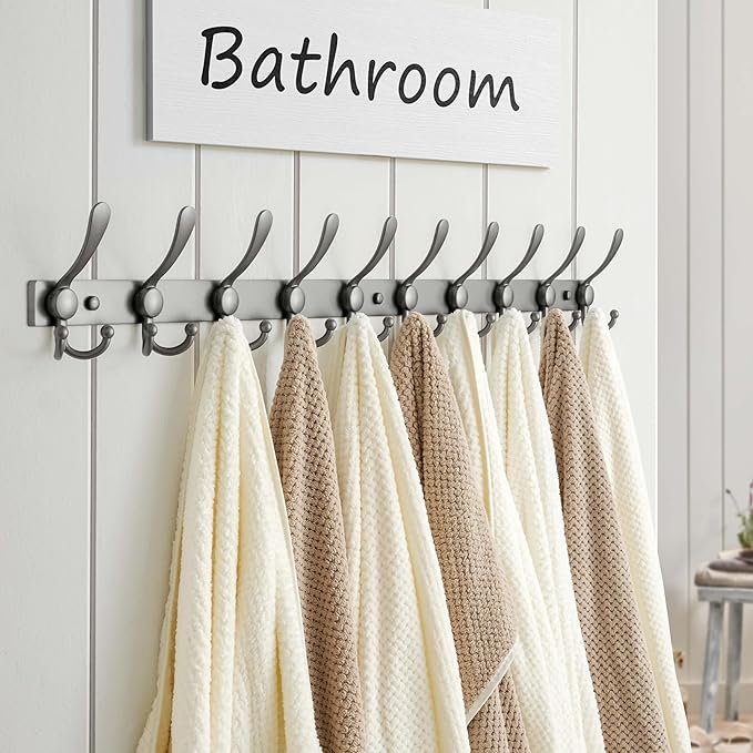 Dseap MaxStrong 2.0 Coat Rack Wall - 37” Long 10 Tri Hooks - Ultra Heavy-Duty Stainless Steel Wall Mount Coat Hanger, Hook Rail for Clothes Hats Jacket Towels Grey