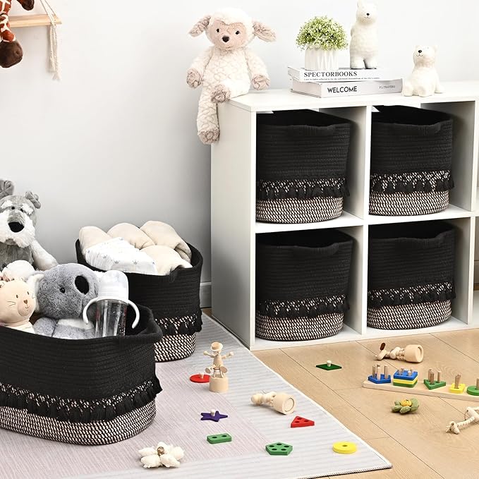 2 Pack Storage Basket for Shelves, Boho Cotton Rope Storage Bins with Heavy Tassel, Shelf Baskets Large Woven Baskets for Organizing, Cube Organizer Bins, Baby Laundry Basket for Clothes, Toys, Pets