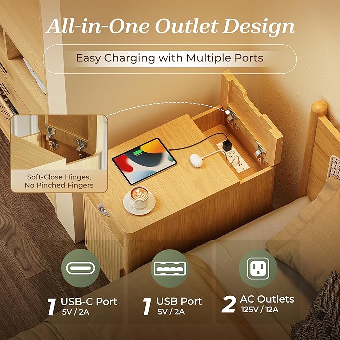 Huuger Narrow End Table with Charging Station, USB-C Port, Fluted Nightstand with Storage Cabinet, Back Rack, Side Table for Small Spaces, 13.4 × 23.6 Inch Night Stand with Storage, Natural