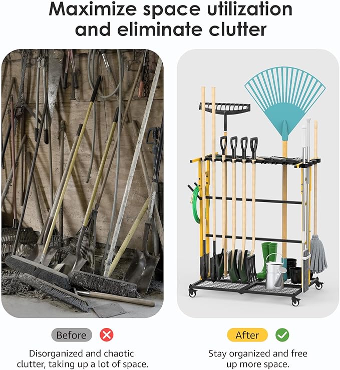 CCCEI Garage Organization with Wheels, Outdoor Gargen Yard Shed Tools Organizer Cart, Home Storage for Cleaning Supplies Organizer, Broom Holder, for Shovel and Rake, Long Farming and Farming Tools.