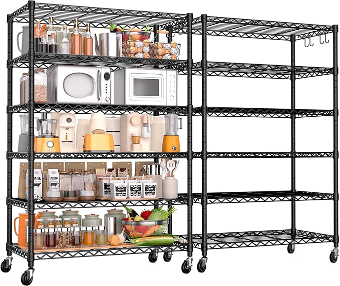 PrimeZone 6 Tier Wire Shelving with Wheels 78''H 1500lbs Storage Shelves NSF Certified Heavy Duty Steel Metal Shelf Adjustable Rolling Rack Kitchen Garage Closet Pantry Laundry 78''HX36''WX18''D 2Pcs
