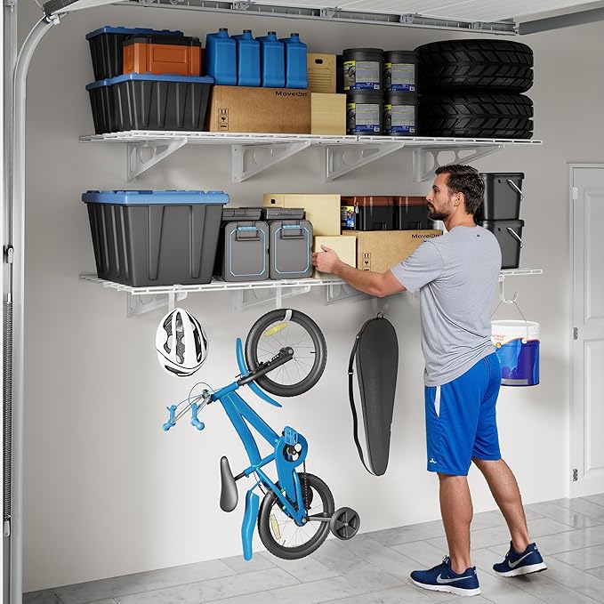 FLEXIMOUNTS 2-Pack 2x6ft Garage Shelving with Hooks, 24-inch-by-72-inch Wall Shelf Garage Storage Racks Floating Shelves, White, Classic Series