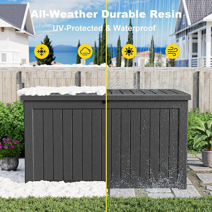 280 Gallon Outdoor Deck Box,Storage Lockable Waterproof Patio Furniture,Garden Tools,Cushions,Pool Accessories Outside Storage Resin Box(Black)