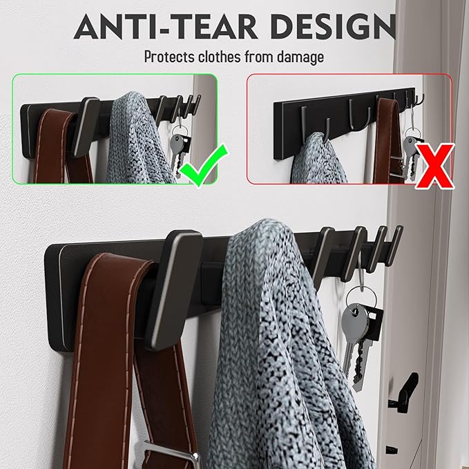 Coat Hook Wall Rack Hanger - Black Coat Rack with 6 Hooks Wall Hooks for Hanging Hat Key Bag Towel Wall Mount Coat Holder