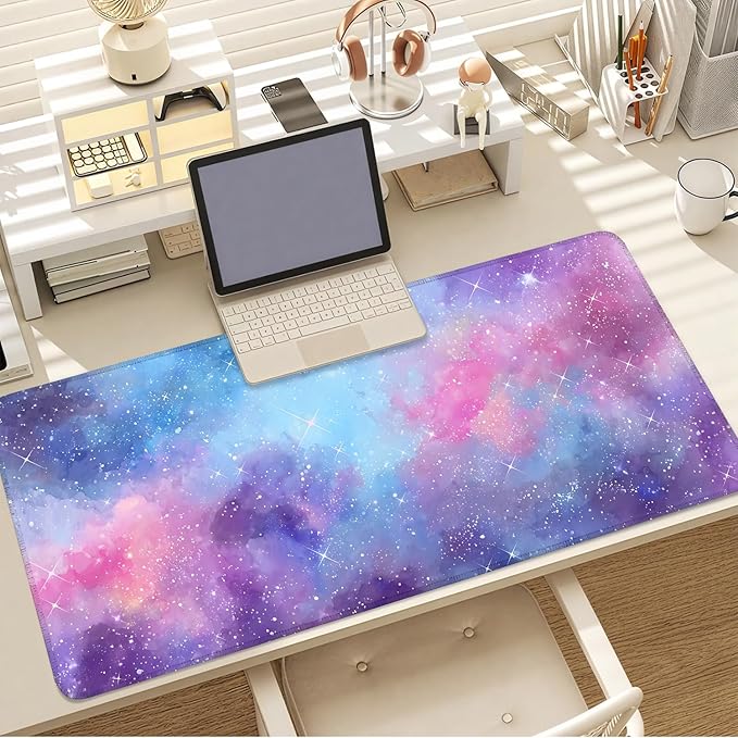 Galaxy Mouse Pad Large, Extended Gaming Desk Mat – 335.43 x 15.75 in – Watercolor Nebula Starry Sky Design, Stitched Edges, Non-Slip Base, Keyboard and Mouse Pad for Office & Home