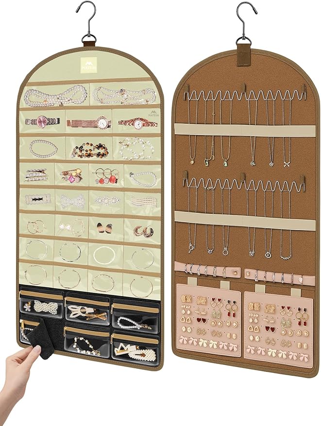 MATEIN Over the Door Jewelry Organizer with Travel Pouch, Double-Sided Hanging Necklace Earring Holder with Pockets, Large Jewelry Storage for Rings Bracelets, Christmas Gifts for Her, Beige-Brown