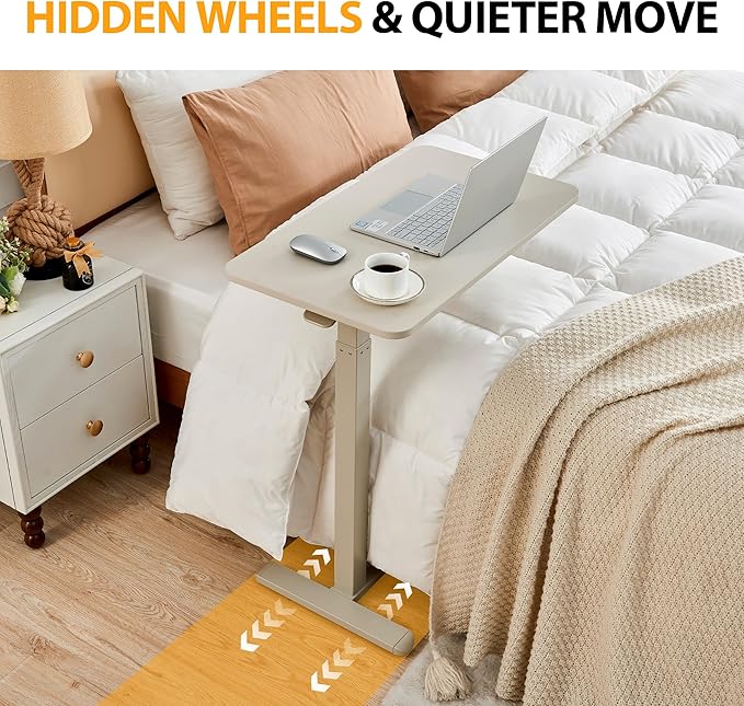 Overbed Table with Hidden Wheels, Height Adjustable Medical Bed Table Hospital Bedside Table, 28" W x 16" D Rolling Laptop Standing Desk for Home & Office, Greyish White