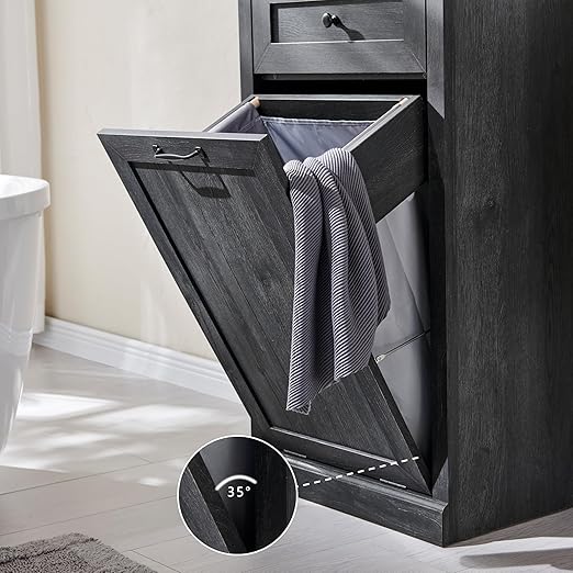Tilt Out Trash Can Cabinet, 10 Gallon Farmhouse Laundry Hamper Cabinet with Drawer, Hidden Wooden Trash Garbage Can Bin with Storage Basket for Kitchen, Living Room (Dark Grey)