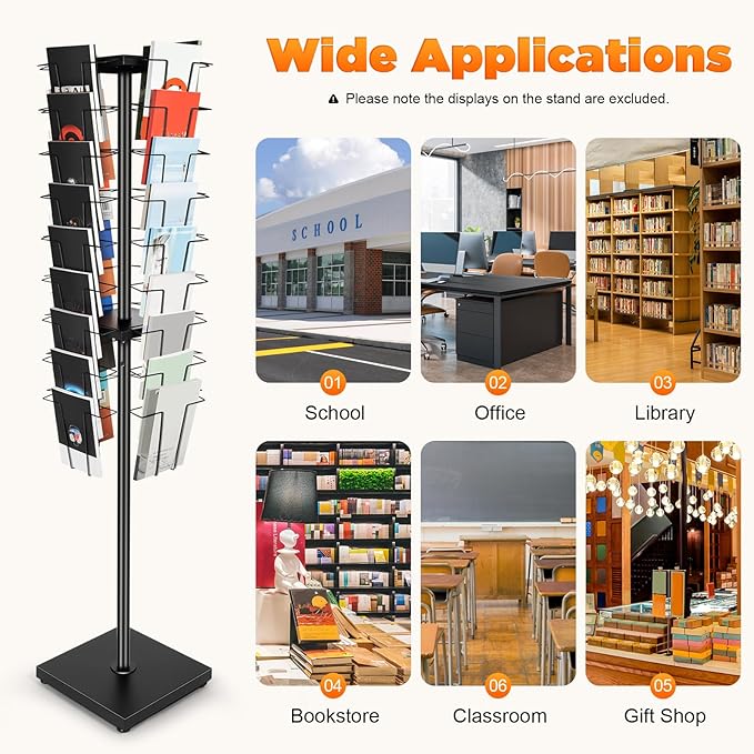 36-Pocket Rotating Magazine Rack, 360° Floor Brochure Display Stand with 132lbs Capacity, Black Modern Spinner Organizer for Retail, Office, Exhibition, Home