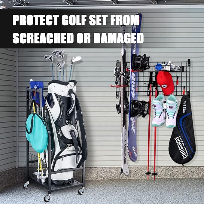 Mythinglogic Golf Storage Garage Organizer, Golf Bag Storage Stand and Other Golfing Equipment Rack, Extra Storage Rack for Golf Clubs