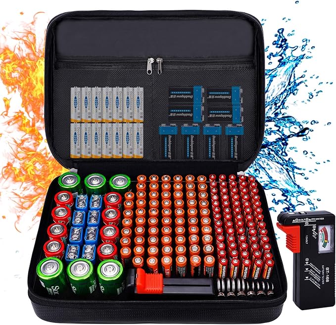 Fireproof Battery Organizer Storage Case Waterproof & Explosionproof, Safe Bag Fits 210+ Batteries Case - with Tester BT-168, Carrying Container Bag Energy Batteries AA AAA C D 9V Lithium 3V Holder