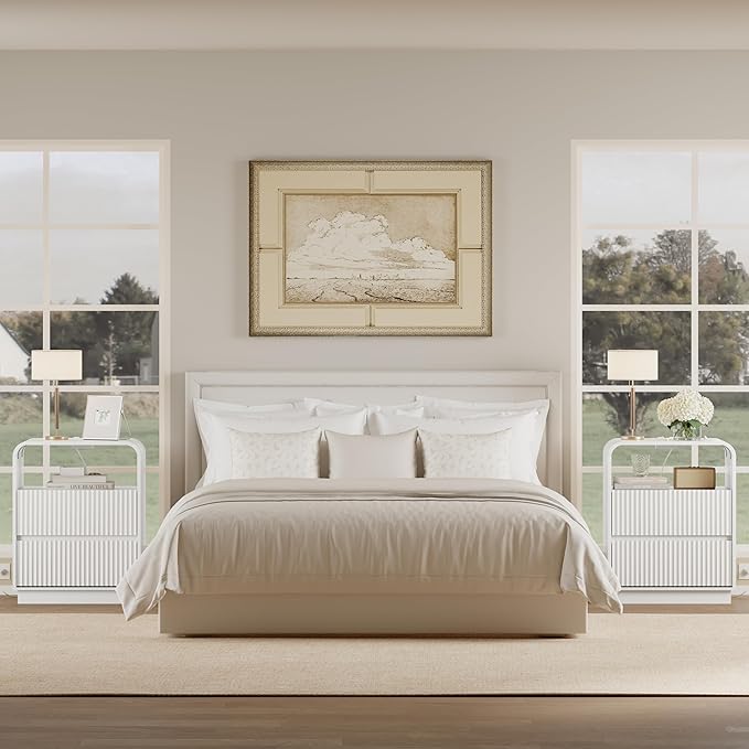 White Nightstands Set of 2 with Charging Station, Mid Century Modern End Tables & Bedside Tables, Fluted Wood Small Night Stands with 2 Hidden Drawers and Storage Shelf for Bedroom