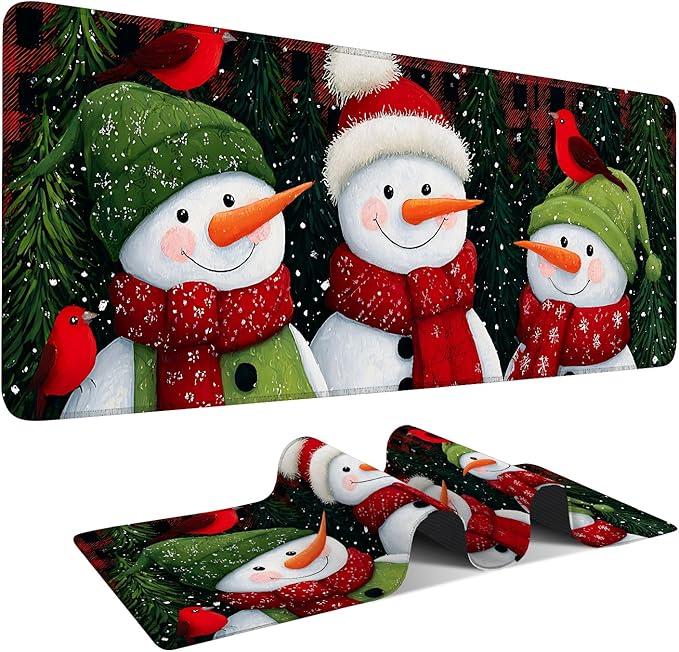 Three Snowmen Gaming Mouse Pad 31.5"x11.8"Desk Mat Anti-Slip Rubber Base & Durable Stitched Edges for Gamers Smooth Mouse Writing Surface for Desk Office/Home