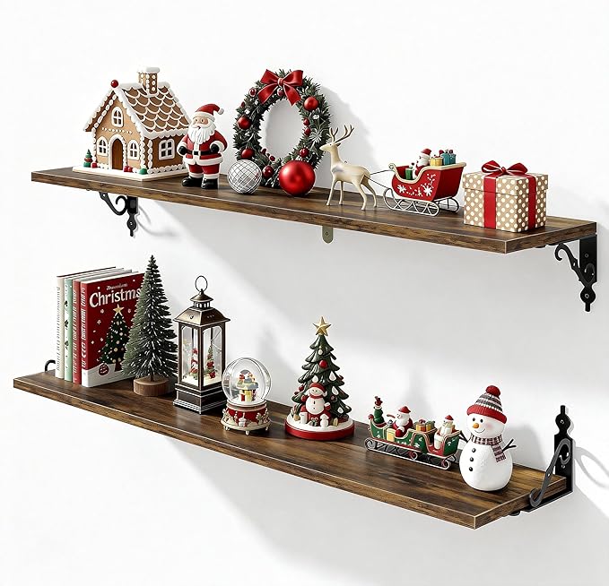 Fun Memories 40 Inch Floating Shelves Wall Mounted, 8 Inch Deep Wall Shelves with Bracket, Rustic Hanging Bookshelf, 40" Bookshelves for for Living Room, Kitchen and Bedroom, Rustic Brown, Set of 2