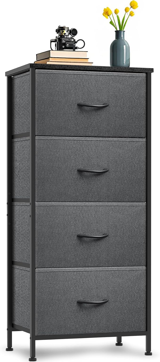 4 Fabric Drawer Dresser for Bedroom, Chest of Drawers with Waterproof Wood Top Tall Dresser for Hallway, Living Room, Kid Room (Grey and Charcoal Black)