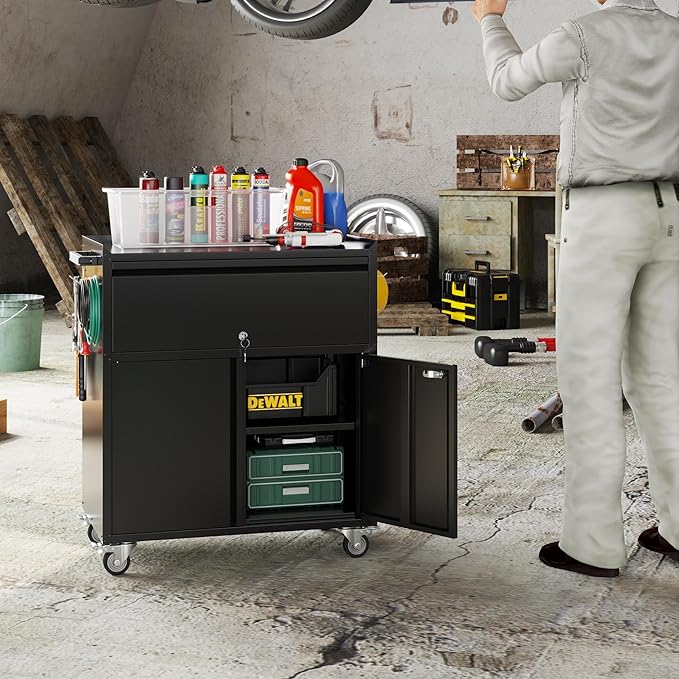 Aobabo Metal Cabinet on Wheels, Metal Garage Cabinet with 1 Drawer and 4 Hooks, Small Rolling Tool Storage with Pegboard and Handle, Assembly Required, Black