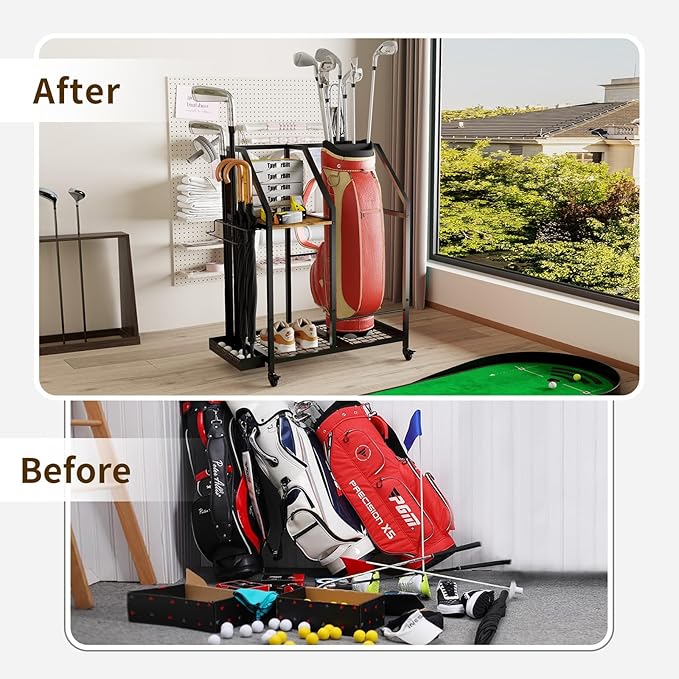 Golf Storage Organizer for Garage, Golf Bag Storage Rack with Wheels, Mobile Golf Club Rack for Garage, Heavy Duty Golf Bag Holder Stand with Rolling Wheels & Multi Storage