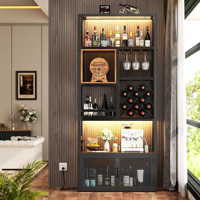 82.6" Tall Bar Cabinet with Power Outlets, 6-Tiers Reversible Wine Cabinet with LED Lights, Glass Holder & Wine Rack, Liquor Storage Cabinet Coffee Bar Station for Dining Living Room, Rustic Brown