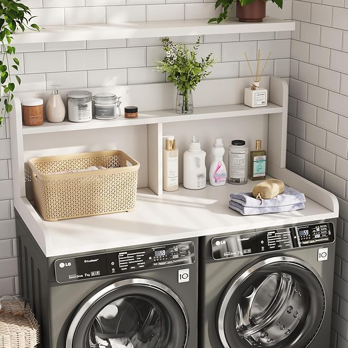2-Tier Washer Dryer Countertop, 18.5" Raised Height Laundry Countertop with Edge Rails and Non-Slip Pad, 54"W x 27.55"D Washer and Dryer Topper for Laundry Room Storage Organization (White)