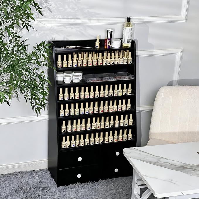 Nail Polish Rack with 2 Drawers, Salon Display & Storage Cabinet with Acrylic Baffle, Holds 700+ Bottles of Polishes, Essential Oils & Perfumes, Suitable for Nail Salon & Beauty Store, Black