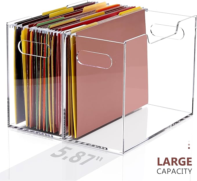 DINGHUO Acrylic File Folder Organizer Box, Letter Size Hanging File Organizer, Clear File Holder with Handles, Desktop Office Supplies Filing Storage Crate for Home Work School - 1 Pack