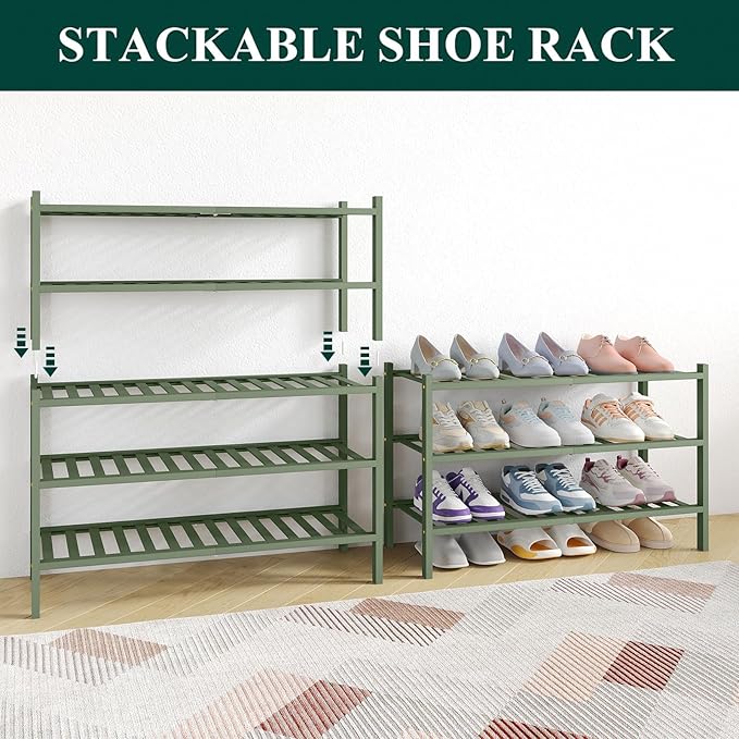 Smiry Bamboo Shoe Rack for Closet, 2 Tier Wooden Stackable Shoe Organizer, Free Standing Shoes Storage Shelf for Entryway, Front Door Entrance, Green