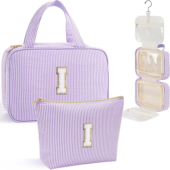 YOOLIFE Travel Toiletry Bag for Women - Hanging Toiletry Bag Initial Makeup Bag, Portable Toiletries Cosmetic Bag, Airplane Travel Essentials - Letter I, Purple