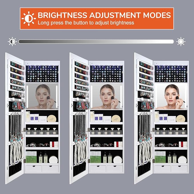 GISSAR Mirror Jewelry Cabinet, LED Wall Door Mount Full Length Jewelry Armoire with Makeup Mirror and Jewelry Storage, Large Capacity Lockable Jewelry Organizer, Vanity Mirror with Lights, White