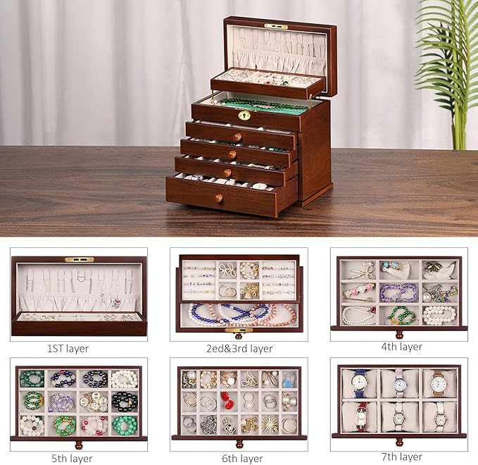 Vintage Wooden Jewelry Box with Dual Key Lock, Carved Top, Necklace Hooks – Antique Jewelry Organizer for Dresser Tabletop, Jewelry Storage Boxes for Women