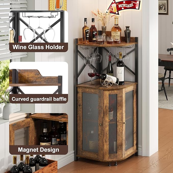 JKsmart Corner Bar Cabinet with Glass Holder,Industrial Wine Cabinet with Mesh Door,4-Tier Wine Cabinet with Open Shelf,Farmhouse Home Bar for Liquor and Wine Storage,Rustic Brown