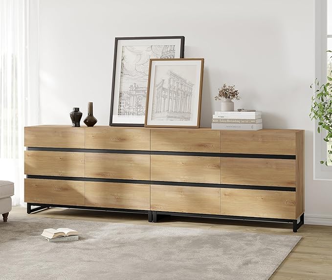 WAMPAT Dresser for Bedroom, Closet Organizers and Storage with 12 Drawers, Chest of Drawers with Metal Base, Modern Wooden Dresser for Living Room, Bedroom, Oak