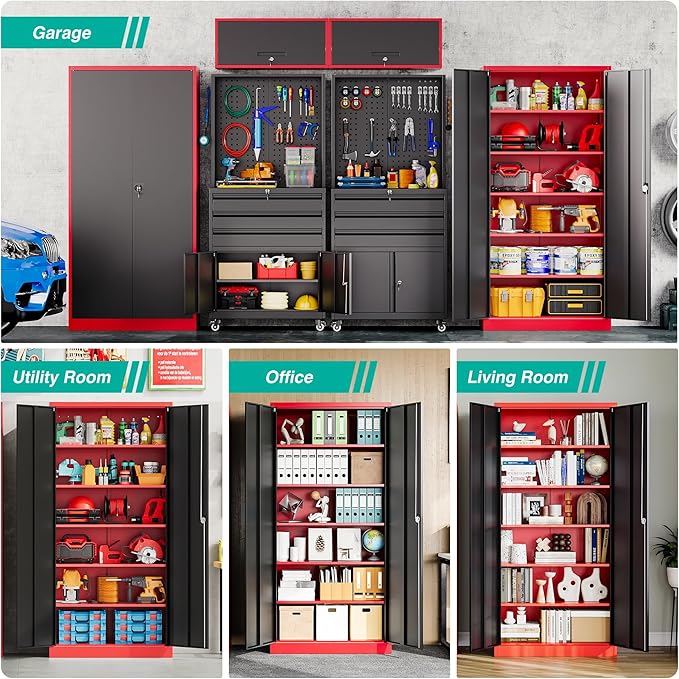 SISESOL Wide & Deep Metal Storage Cabinet with Lock & 5 Adjustable Shelves,72" Red Black Garage Storage Cabinet with Locking Doors,Lockable Cabinets for Home,Office,Shop,Garage,Basement 72x36x18