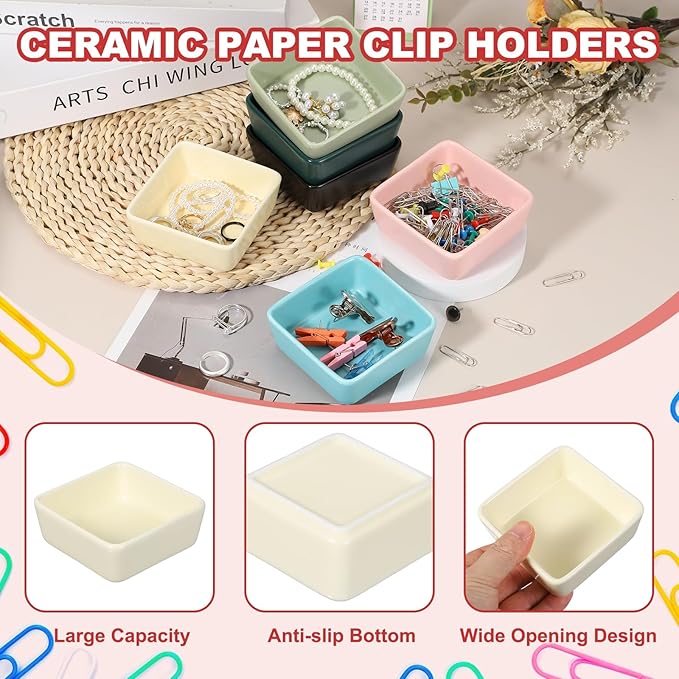 PATIKIL Square Paper Clip Holders, Ceramic Bowl Dish Clip Dispenser Organizer Desk Organizer Accessories for Office Desktop Decor Bobby Pin Binder Paper Clamp, Beige