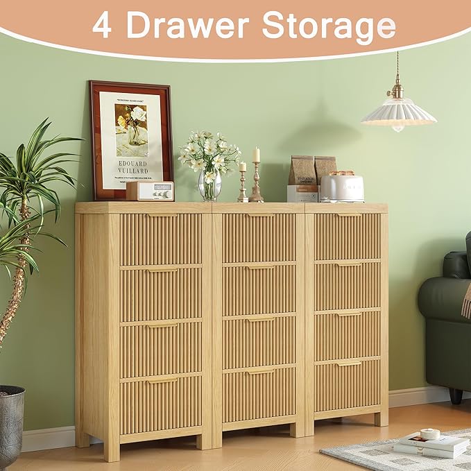 Mid-Century Modern Tall Wooden Dresser with 8 Spacious Drawers, Entryway Storage Chest with Smooth Metal Handles, Bedroom Clothes Organizer for Entryway, Office, and Small Spaces, Natural X2